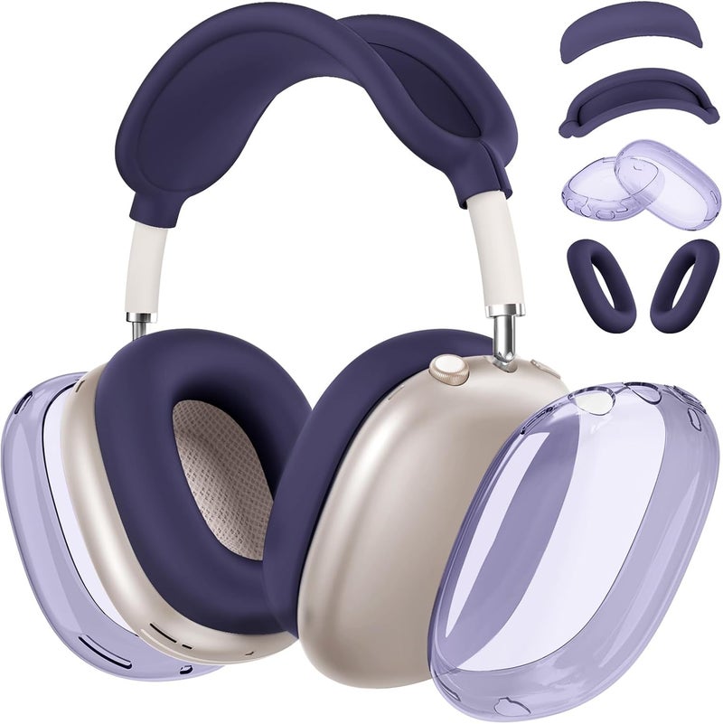 MINDRESY [4 in 1] Silicone Case Cover for AirPods Max, Clear Soft TPU Ear Cups Cover/Ear Pad Case Covers/Headband Covers Transparent Accessories for Apple AirPods Max (2024/2020)(USB-C/Lightning), Dark Purple - Image 1